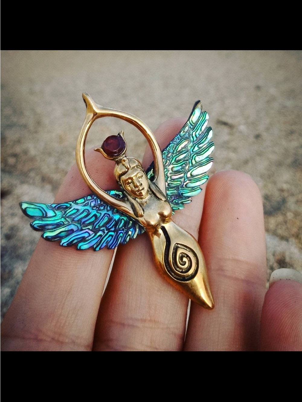 Brass Goddess Pendant with Iridescent Abalone Wings and Ruby Stone w/ Chain